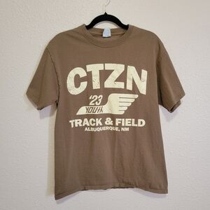 CTZN Track & Field Brown Cream Khaki Tan Vintage Style Faded Sporty Graphic Tee